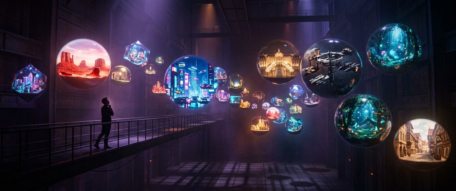 Epic cinematic 2.39:1 wide shot: an enormous dark gallery space where dozens of glowing cinematic worlds float as suspended luminous dioramas — a western canyon, an anime metropolis, a period palace, a sci-fi station — each fully realized in miniature, a single small human silhouette walking among them looking up in awe, volumetric violet and amber light, deep shadow, photoreal, vast scale, anamorphic, fine 35mm grain