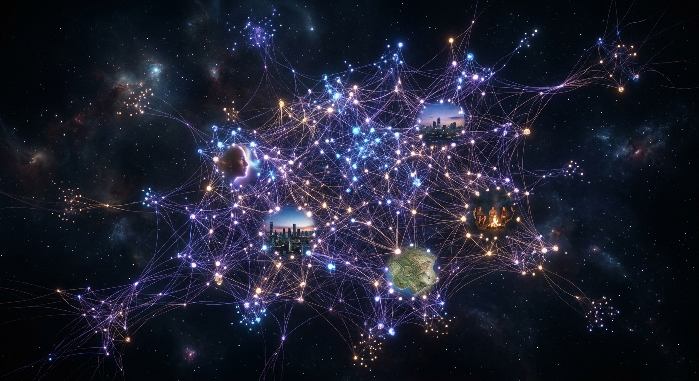 A vast, living world-network rendered as a dark cinematic data-constellation: thousands of glowing nodes representing characters, events, locations and timelines, connected by fine violet and amber light threads into an enormous organic web that recedes into deep space; a few nodes bloom into tiny photoreal scene-vignettes (a face, a city, a map); the structure is clearly growing — new threads extending outward — conveying a living world engine, not a screenshot; deep blacks, volumetric haze, photoreal, awe-inspiring scale, fine 35mm grain