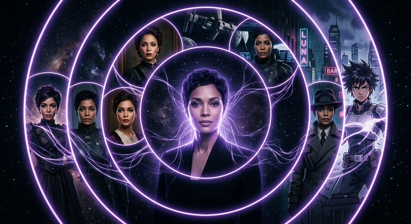 A striking conceptual cinematic image: a single luminous character portrait at the center radiating concentric rings, each ring containing the same character in a different genre and era — period, sci-fi, noir, anime — all sharing one identical face, connected by fine violet light, dark background, photoreal, elegant, awe of consistency across worlds