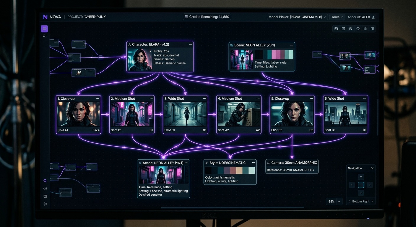 A cinematic dark product UI for an AI film studio: an infinite node-based canvas showing a grid of consistent storyboard frames of the same character across different shots, connected to character and scene reference nodes by glowing violet edges; a credits counter and model picker in the top bar; photoreal screen capture, anamorphic warmth