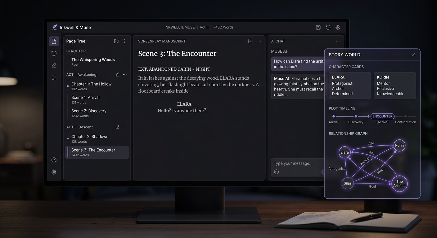 A cinematic dark product UI for a story-writing tool: a three-column workspace with a page tree on the left, a screenplay manuscript in the center, and an AI chat on the right; a floating 'Story World' panel shows character cards, a plot timeline and a relationship graph connected by glowing violet lines; elegant editorial typography, photoreal screen capture